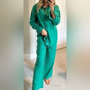 Green Button-Up Shirt and Pants Outfit Set